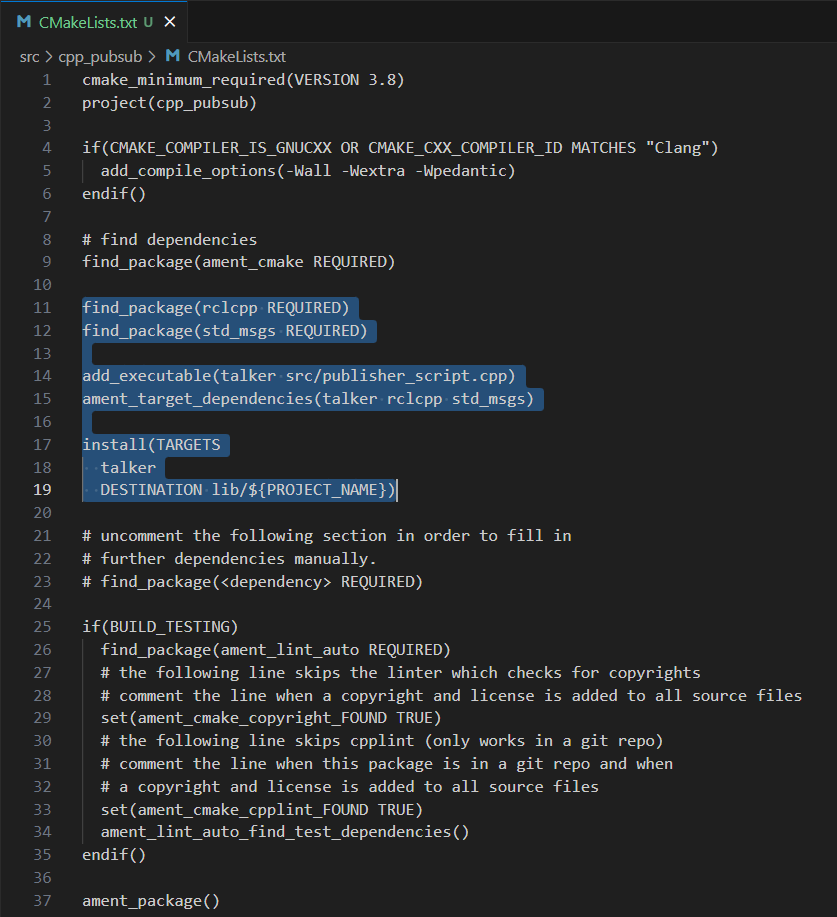 After edditing CMakeLists to create a cpp node.