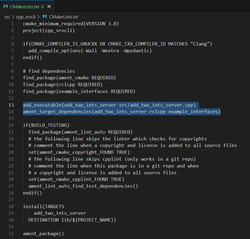 After edditing CMakeLists to create a cpp server node.
