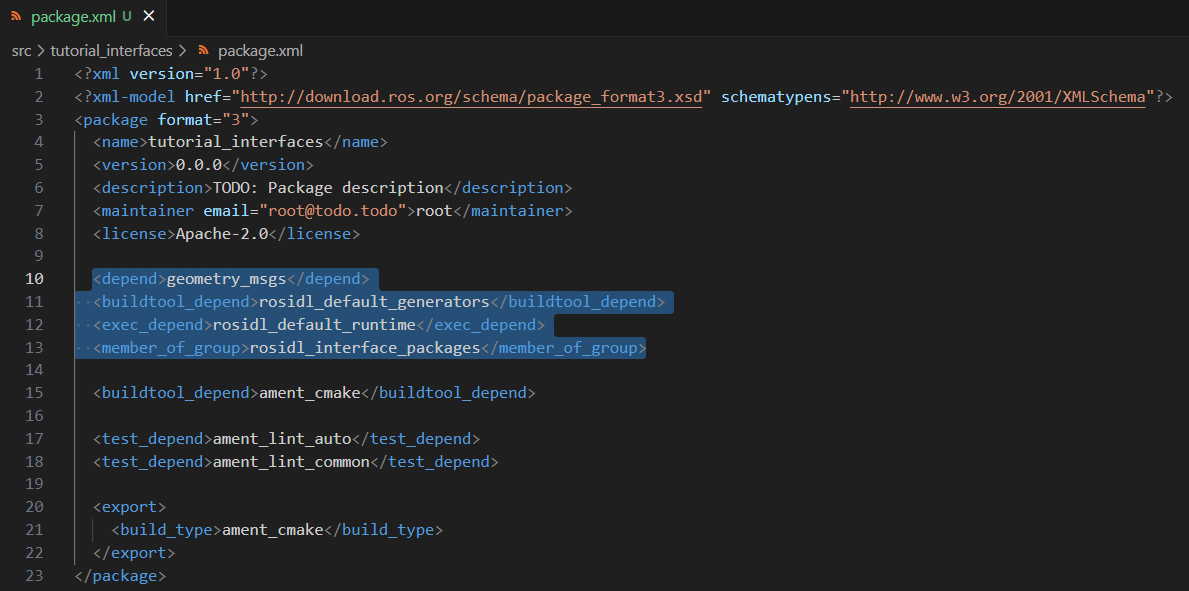 package.xml to build the custom msg and srv.