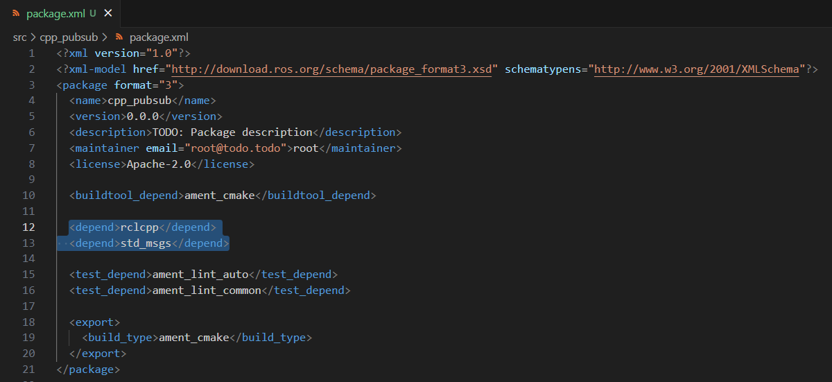 Editing the package.xml file to add dependencies. cpp.