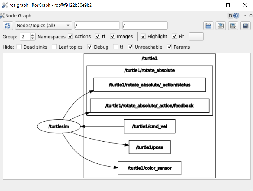 Displaying rqt graph of the ROS 2 node info.